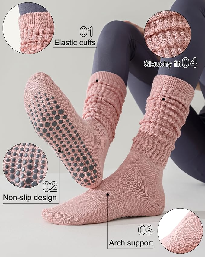 3 Pairs Grip Pilates Socks for Women Non Slip Long Slouchy Socks for Yoga Barre Workout Hospital