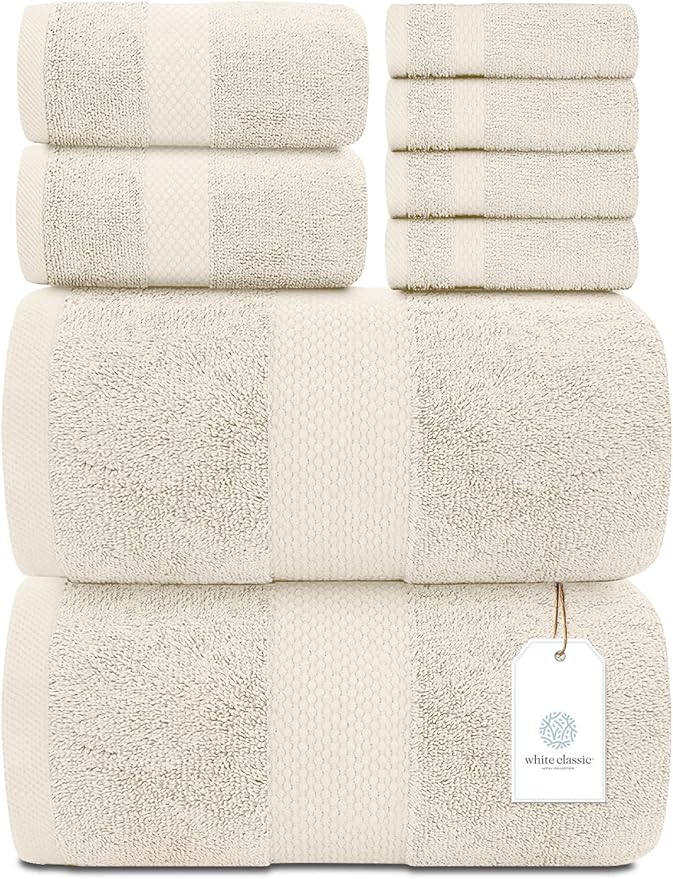 White Classic Luxury Bath Towel Set of 8 Pieces - 100% Turkish Cotton Highly Absorbent Towels for Bathroom, 2 Luxury Bath Towels 700GSM, 2 Hand Towels, 4 Washcloths, Ivory