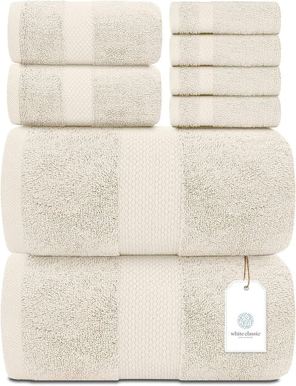 White Classic Luxury Bath Towel Set of 8 Pieces - 100% Turkish Cotton Highly Absorbent Towels for Bathroom, 2 Luxury Bath Towels 700GSM, 2 Hand Towels, 4 Washcloths, Ivory