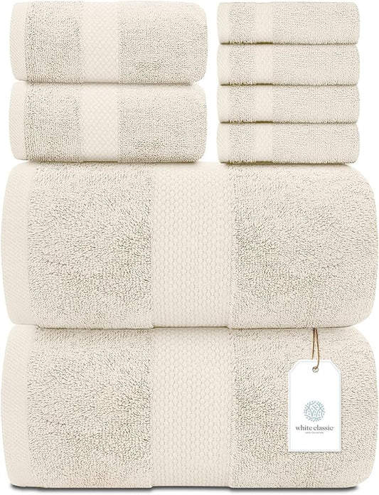 White Classic Luxury Bath Towel Set of 8 Pieces - 100% Turkish Cotton Highly Absorbent Towels for Bathroom, 2 Luxury Bath Towels 700GSM, 2 Hand Towels, 4 Washcloths, Ivory