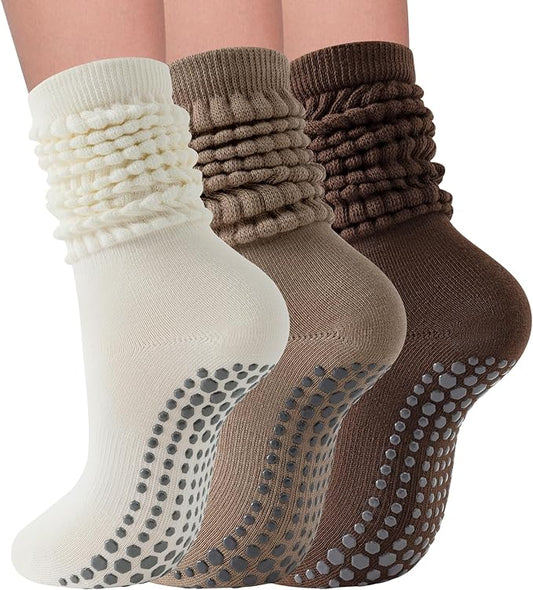 3 Pairs Grip Pilates Socks for Women Non Slip Long Slouchy Socks for Yoga Barre Workout Hospital