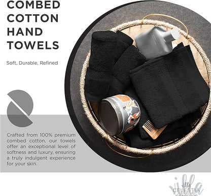 100% Cotton Hand Towel Set of 4, (16 x 28 inches) Sustainable, Soft, Highly Absorbent, Quick Drying, Combed Cotton Hand Towels Pack of 4 Ideal for Hotels, Spa, Bathroom, Dorm, Black