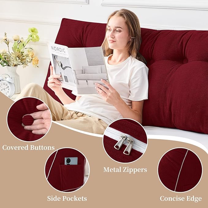Sasttie Headboard Pillow Queen, Wedge Pillow Headboard for Sitting Up in Bed, Back-Rest Support Triangular Cushion for Reading - Features Removable Washable Cover, Wine