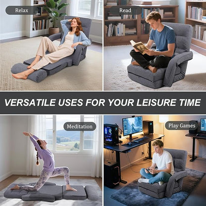Adjustable Floor Chair for Adults with Back Suppor,5-Position Folding Lazy Sofa with Pillow, Gaming & Meditation Chair with Breathable Fabric - for Living Room, Bedroom, Office,Balcony (Grey)