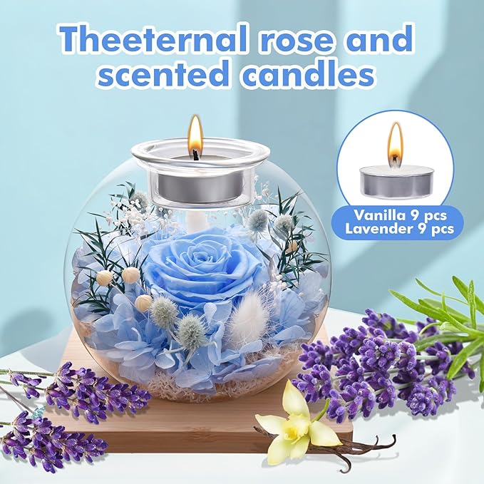 Preserved Roses - Birthday Gifts for Her, Preserved Flower in Glass Dome with Scented, Romantic Gifts for Women, Wife, Girlfriend on Birthday, Anniversary, Thanksgiving Day, Christmas Day-blue