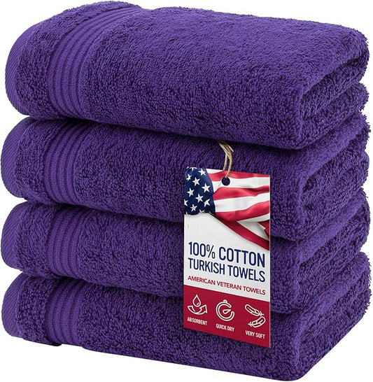 American Veteran Towel, Hand Towels for Bathroom Set of 4, 100% Cotton Turkish Hand Towel Sets, Soft Hand Face Towels, Purple Hand Towels