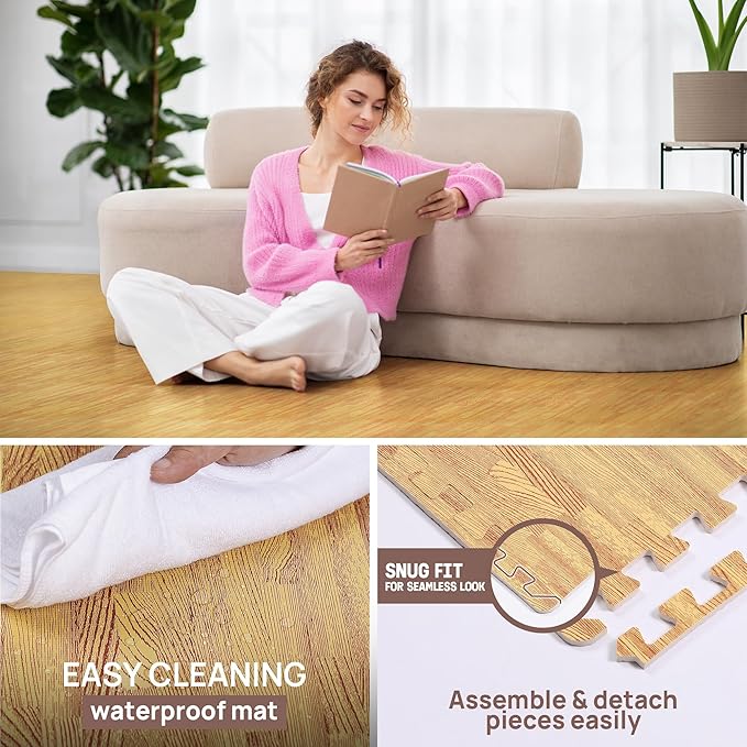Yes4All 48SQ.FT Wood Grain Puzzle Exercise Mat Protective Flooring, EVA Interlocking Foam Floor Tiles with Border for Home