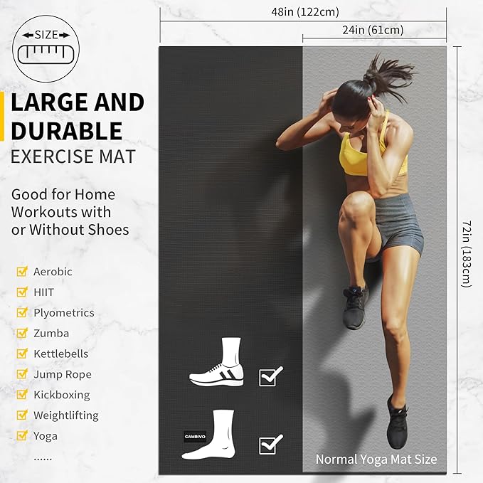 CAMBIVO Large Exercise Mat for Home Workout, 8'x6'/7'x5'/6'x4' (7 mm) Extra Thick Exercise Mat for Home Gym, Shoe-Friendly, Non-Slip Gym Mat for Jump Rope, Weights, Cardio, Fitness