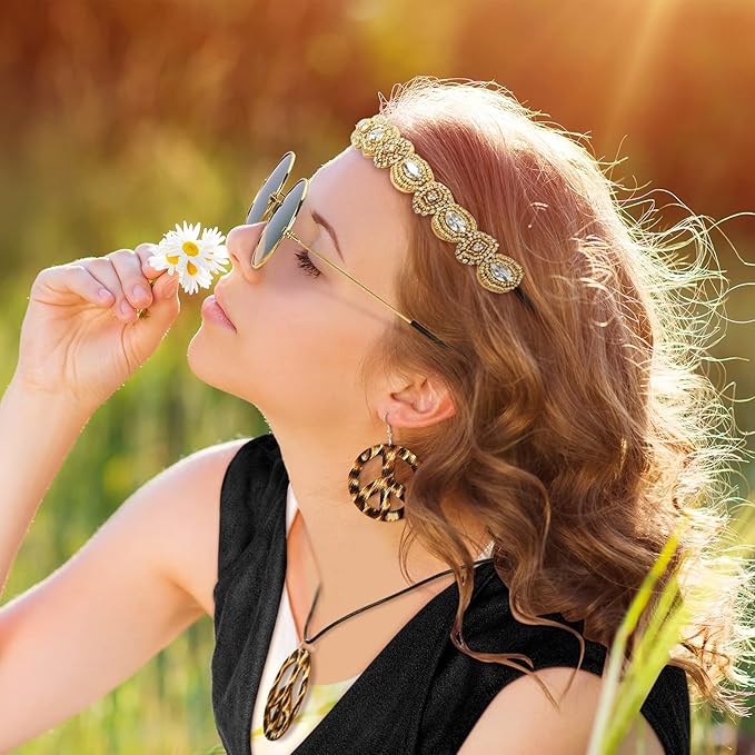 6 Pcs 60s 70s Outfits for Women Hippie Costume Set Peace Sign Earring Headband Fringe Vest Tassel Cardigan