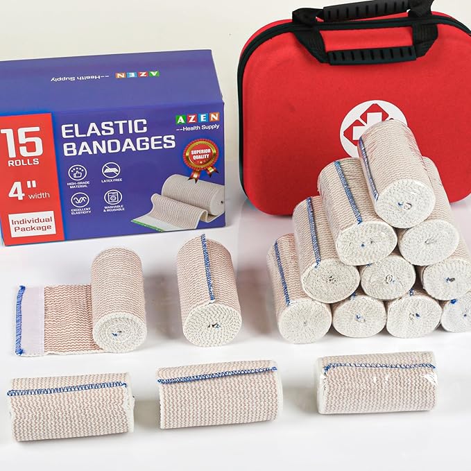 AZEN Premium 15 Pack Elastic Bandage Wrap 4 Inch, Compression Wrap Bandage for Legs, Lymphedema Wraps for Legs, Ankle, Knee, Tummy, Body, Latex-Free