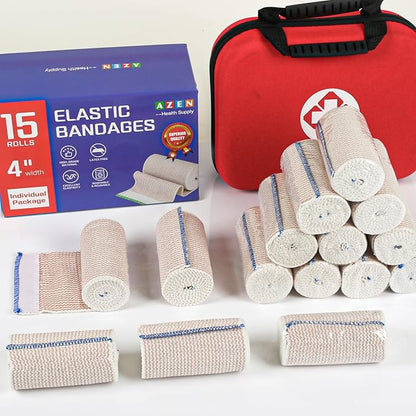 AZEN Premium 15 Pack Elastic Bandage Wrap 4 Inch, Compression Wrap Bandage for Legs, Lymphedema Wraps for Legs, Ankle, Knee, Tummy, Body, Latex-Free