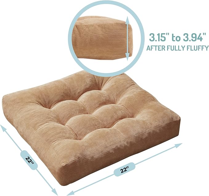 Meditation Floor Pillow Set of 2, Square Large Pillows Seating for Adults, Tufted Corduroy Cushion for Living Room Tatami, Coffee Brown 22x22 Inch