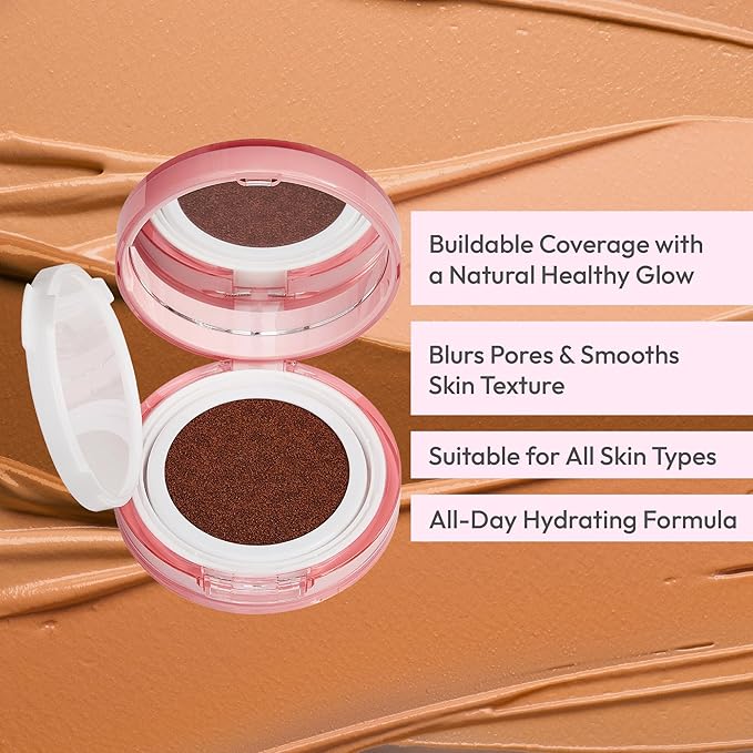 Ruby Kisses Cushion Foundation, Full Coverage Korean Makeup, Lightweight & Long Lasting, All Day Natural Glowy Finish for All Skin Types with Hyaluronic Acid & Bakuchiol (Caramel, 0.52 Ounce)