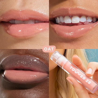 Tower 28 ShineOn Milky Lip Jelly, OAT | Non-Sticky, Vegan Lip Gloss in Milky Peachy Pink | Apricot and Raspberry Seed Oil | Moisturizing, Clean, Cruelty Free