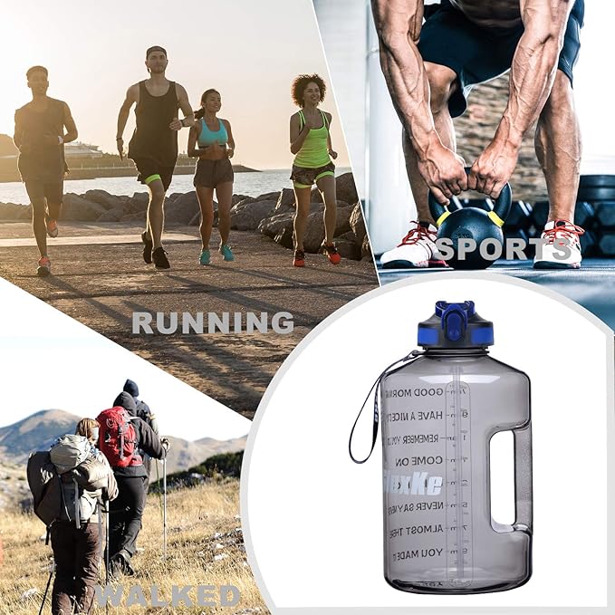 1 Gallon Motivational Sports Water Bottle with Time Marker, BPA Free 128oz Leak Proof Jug, Black, Plastic, 128 ounces, Fitness, Sports, Outdoor Activities