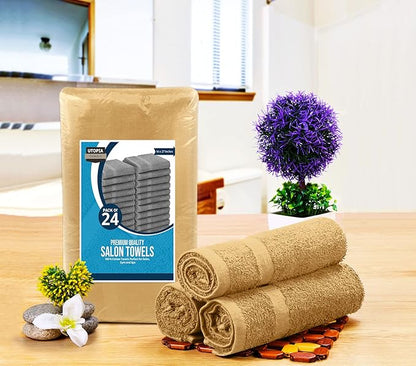 Utopia Towels, Salon Towel, Pack of 24, Not Bleach Proof, 16 by 27 Inches, Highly Absorbent Cotton Towels for Hand, Gym, Beauty, Spa, and Home Hair Care, Beige