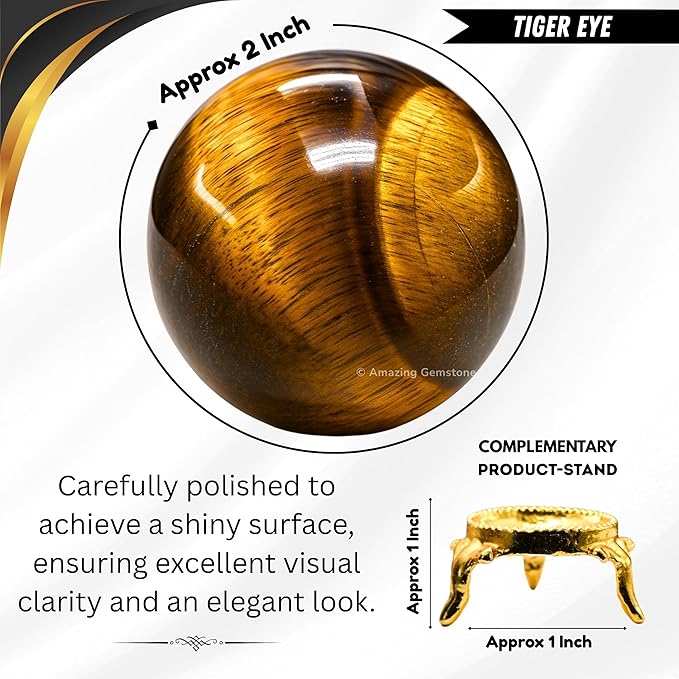Amazing Gemstone Tiger Eye Crystal Ball with Stand - 2 Inches Crystal Sphere Meditation Balls for Witchcraft and Decorative Balls