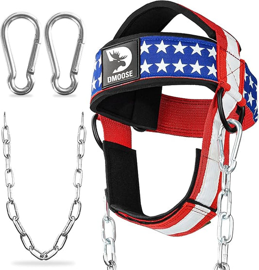 DMoose Fitness Neck Harness for Weight Lifting - Soft Padded Head & Chin Strap with 30" Heavy Duty Steel Chain - Neck Exerciser, Trainer & Strengthener to Support Injury Recovery and Intense Workouts