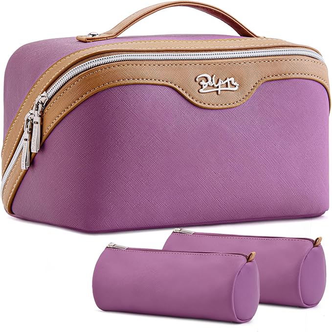 BOYATU Travel Makeup Bag Organizer Cosmetic Bag: 3 Pcs Set Make up Bags for Women with Handle - Waterproof Vegan Leather Toiletry Bags Travel Essentials Pouch with Compartments (G-07-Purple)