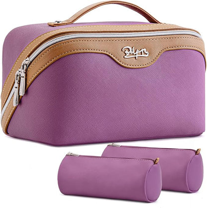 BOYATU Travel Makeup Bag Organizer Cosmetic Bag: 3 Pcs Set Make up Bags for Women with Handle - Waterproof Vegan Leather Toiletry Bags Travel Essentials Pouch with Compartments (G-07-Purple)