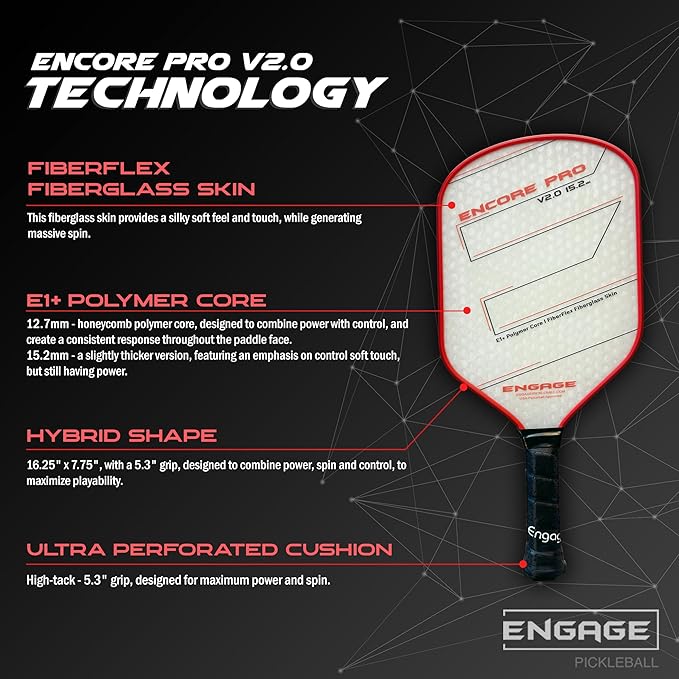 Engage Encore Pro V2.0 Pickleball Paddle – FiberFlex Fiberglass Face for Power & Spin, Available in Two Core Options (12.7mm for Power, 15.2mm for Control), Versatile Hybrid Shape
