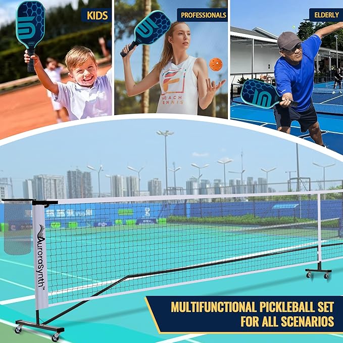 AuroraSynth Portable Pickleball Net Set with Wheels, 22 x 3ft Regulation Size Pickle Ball Net with Ball Collector, 4 Pickle Balls, 4 Pickleball Paddles, Carry Bag for Backyards, Driveway, Garage