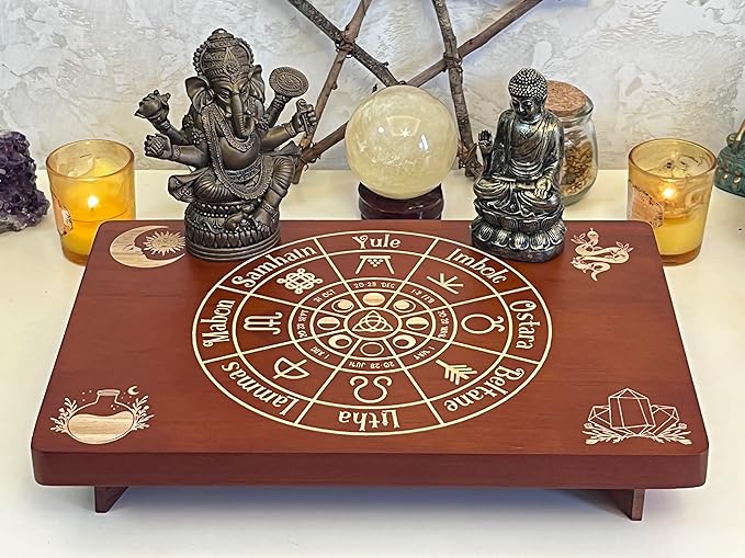 Altar Table, Meditation Table, Small Altar Table, Wooden Witch Altar, Wiccan Alter Table, Buddhist Shrine, Engraved The Wheel of The Year on Table Top, 12 × 8 inches
