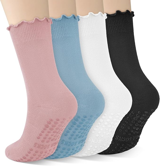 4 Pairs Pilates Socks with Grips for Women Yoga Ruffle Cute Grip Socks Pilates Non Slip Crew Ballet Hospital Workout
