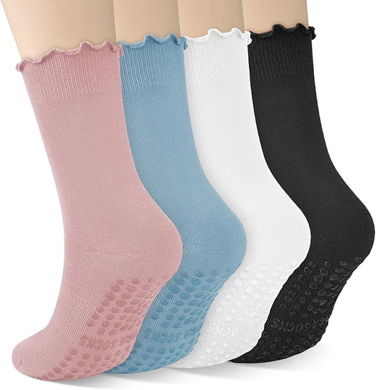 4 Pairs Pilates Socks with Grips for Women Yoga Ruffle Cute Grip Socks Pilates Non Slip Crew Ballet Hospital Workout