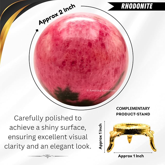 Amazing Gemstone Rhodonite Crystal Ball with Stand - 2 Inches Crystal Sphere Meditation Balls for Witchcraft and Decorative Balls