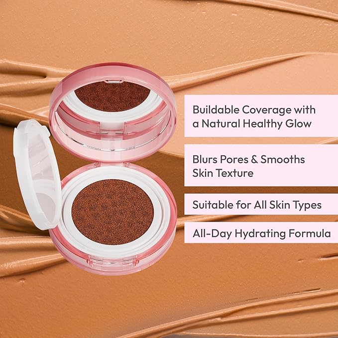 Ruby Kisses Cushion Foundation, Full Coverage Korean Makeup, Lightweight & Long Lasting, All Day Natural Glowy Finish for All Skin Types with Hyaluronic Acid & Bakuchiol (Cool Toffee, 0.52 Ounce)