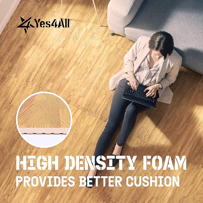 Yes4All 48SQ.FT Wood Grain Puzzle Exercise Mat Protective Flooring, EVA Interlocking Foam Floor Tiles with Border for Home