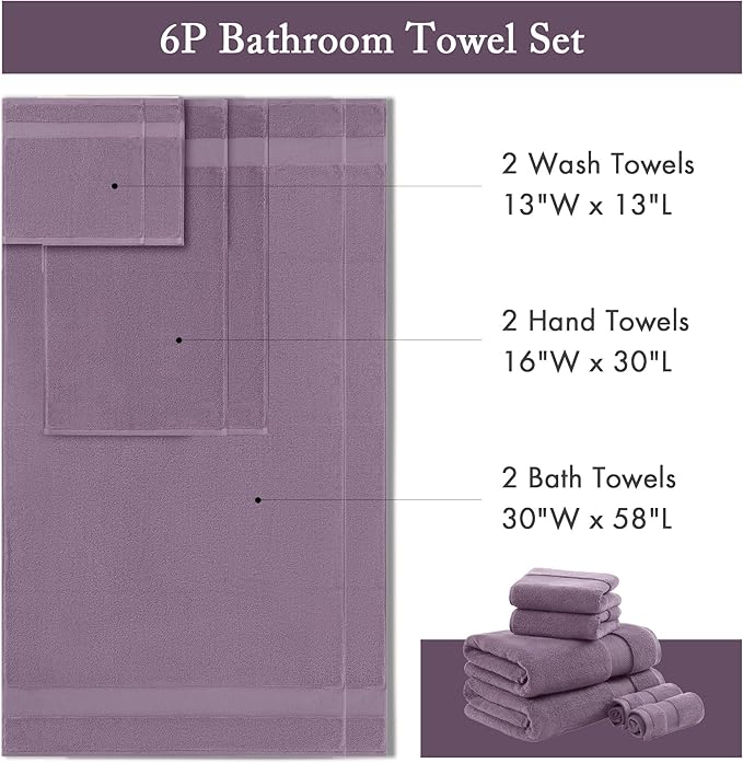 Madison Park Turkish 100% Cotton Towel Set, 600Gsm Luxury Premium Weight, Soft Absorbent Hotel Bathroom Shower Hand Face Washcloths, Assorted Sizes Purple 6 Piece