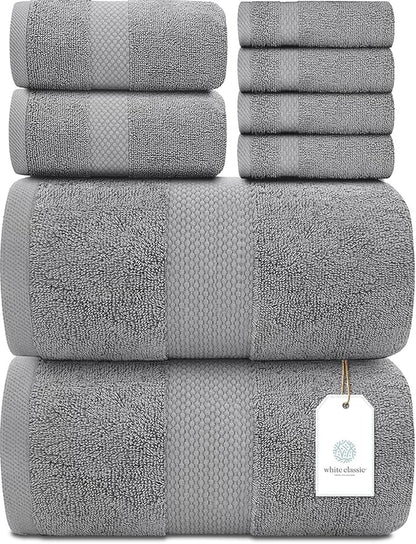 White Classic Luxury Bath Towel Set of 8 Pieces - 100% Turkish Cotton Highly Absorbent Towels for Bathroom, 2 Luxury Bath Towels 700GSM, 2 Hand Towels, 4 Washcloths, Light Gray