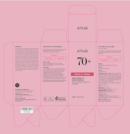 Anua Peach 70 Niacinamide Serum 30ml / brightening hydrating face serum/daily clean beauty (1.01 fl. oz.)