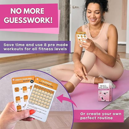 Wall Pilates Workouts for Women – 66 Exercise Cards with Videos & Workout Plan – Includes 5-Week Challenge, E-book, Chart & 2 Rings for Easy Organization – Home Pilates Workout Guide