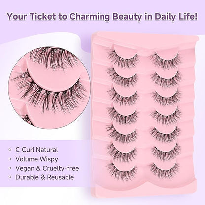 Natural Eyelashes False Eyelashes Natural Lashes 15mm Wispy Eyelashes with Thin Band 3D Volume False Lashes Soft Strip Lashes Pack C Curl Natural Eye Lashes Fake Eyelashes 7 Pair EVENTILL