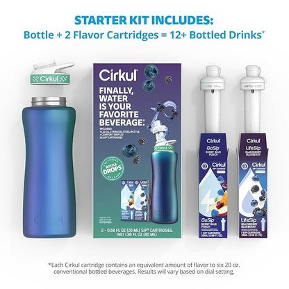 Cirkul 32oz. Chameleon Stainless Steel Water Bottle Starter Kit with Green Lid, 2 Flavor Cartridges (1 LifeSip Blackberry Blueberry, 1 GoSip Berry Blue Punch) No Sugar, Zero Calorie Drink Mix