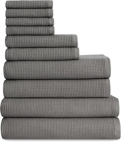 Cozy Earth Complete Waffle Bath Bundle - 60% Cotton 40% Viscose from Bamboo - Quick Dry & Ultra-Soft Waffle Weave Bath Towels - 4 Washcloths, 2 Hand Towels, 2 Bath Towels, 2 Bath Sheets, Charcoal
