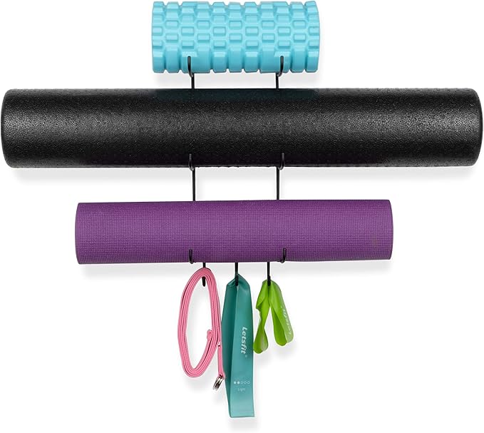 Wallniture Guru Yoga Mat Holder Wall Mount with 3 Hooks for Hanging Yoga Strap, Resistance Bands, 5-Sectional Metal