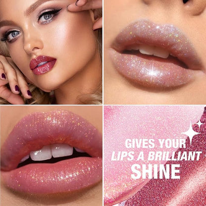 LANGMANNI 4 Colors Diamond Glitter Lip Gloss Set,Long Lasting High Shine Shimmer Liquid Lipstick Set,Hydrating,Moisturizing Lip Gloss Kit Gift Makeup For Girls(#05+06+07+08)