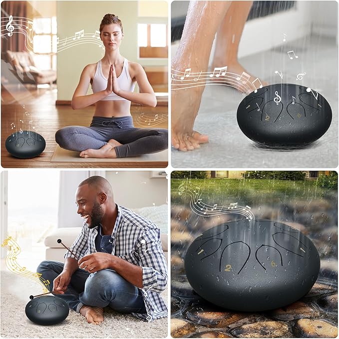 Rain Drum for Outside Garden, 6 Inches 8 Notes Steel Tongue Chakra Drums, Waterproof Echo Rain Chime Meditation Drums, Musical Instruments for Adult Gift with Bag, Music Book, Drum Mallets (Navy Blue)