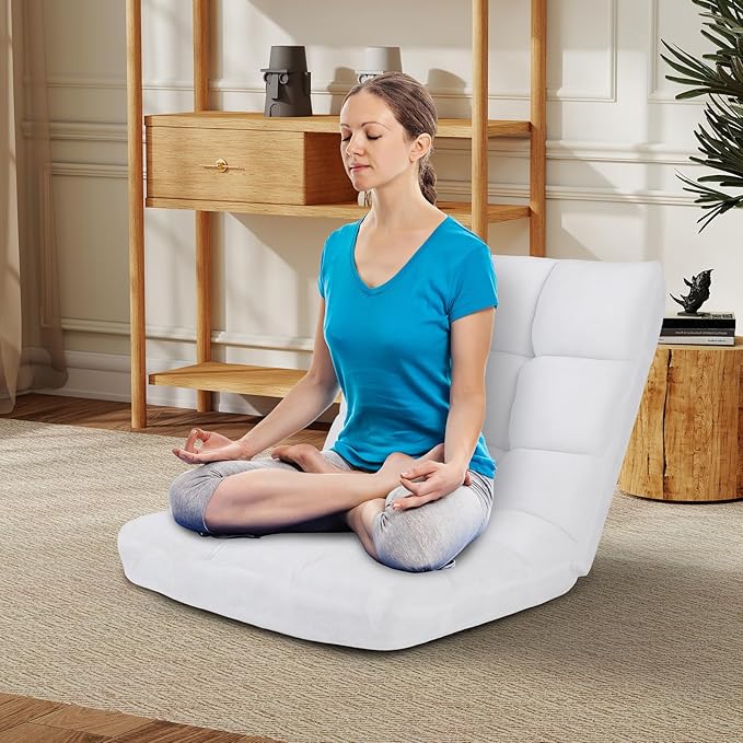 RELAX4LIFE Floor Chair with Back Support - 14-Position Adjustable Lazy Sofa Chair, Padded Sleeper Bed & Couch Recliner for Reading Meditation, Folding Floor Gaming Chair for Adults (White)