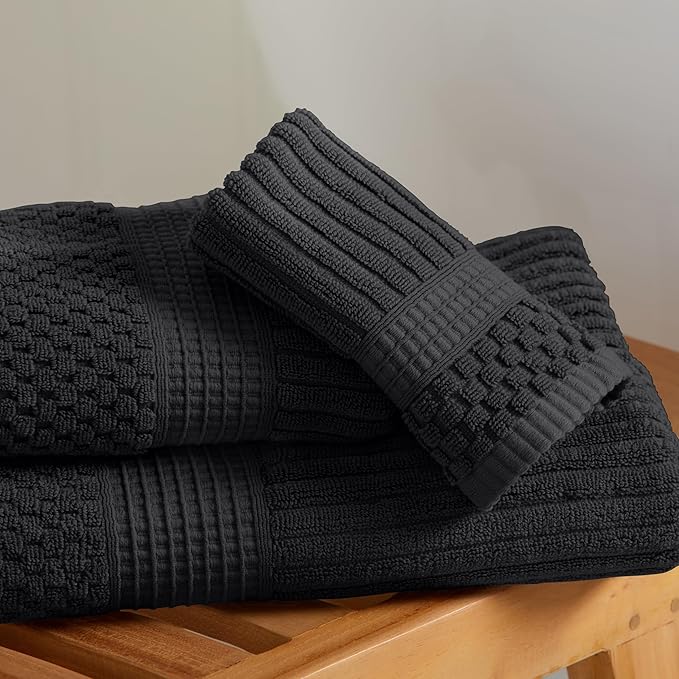 Springtree Home 100% Cotton Bath Towel Set | 6 Piece Set | Absorbent & Quick-Dry Bath Towels | Textured and Durable Cotton | Krista Collection - Black Ink
