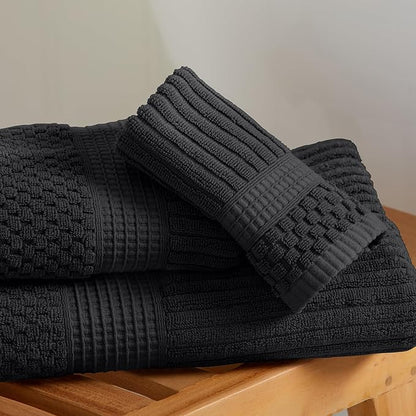Springtree Home 100% Cotton Bath Towel Set | 6 Piece Set | Absorbent & Quick-Dry Bath Towels | Textured and Durable Cotton | Krista Collection - Black Ink