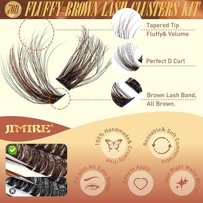 JIMIRE Brown Lash Extension Kit Natural Look Wispy Brown Lash Clusters Individual Lashes with Lash Bond and Seal Wsipy D Curl 10-18MM DIY Eyelash Extension Kit Fluffy Brown Cluster Lashes 180Pcs
