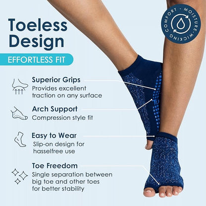 Tucketts Anklet Toeless Pilates Socks with Grips for Women, Non-Slip Ankle Toeless Yoga Socks with Grips for Barre, Size 5-13