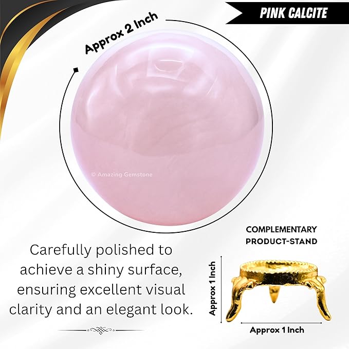 Amazing Gemstone Pink Calcite Crystal Ball with Stand - 2 Inches Crystal Sphere Meditation Balls for Witchcraft and Decorative Balls