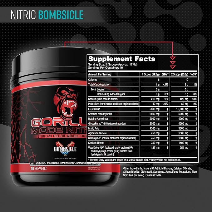 Gorilla Mind - Gorilla Mode Nitric Upgraded Stimulant Free Pre-Workout – Best Tasting and Most Effective Stimulant Free Pre-Workout/Massive Pumps · Vasodilation · Power / 768 Grams (Bombsicle)