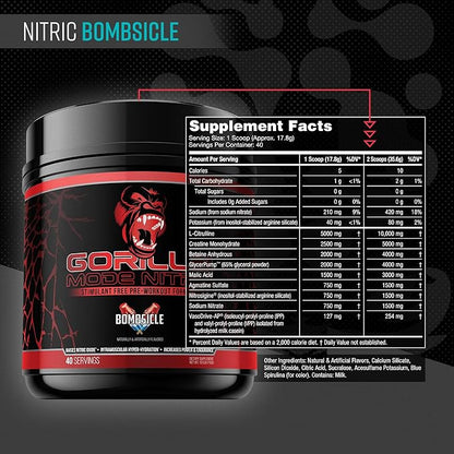 Gorilla Mind - Gorilla Mode Nitric Upgraded Stimulant Free Pre-Workout – Best Tasting and Most Effective Stimulant Free Pre-Workout/Massive Pumps · Vasodilation · Power / 768 Grams (Bombsicle)